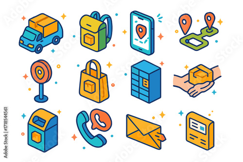 Courier Service Icons. Colorful isometric vector icons set of courier service essentials: parcel in van, delivery backpack, tracking app, delivery route,