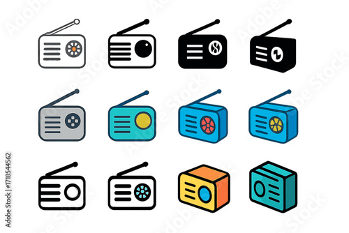 Portable Radio Logos. Set Logo of Portable Radio: Sports portable radio. Logo set in vector style, emblematic variations. line, bold thick line, solid black