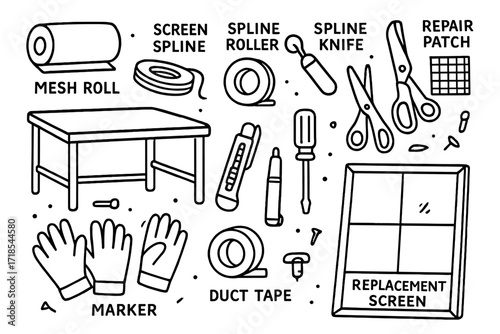 Window Repair Toolkit. Hand-drawn doodle illustration Window screen repair tools mesh roll, screen spline, spline roller, utility knife, repair