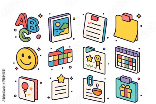 Colorful Magnetic Icons. Colorful isometric vector icons set of magnetic refrigerator decor: alphabet magnets, vacation photo, grocery list note, reminder