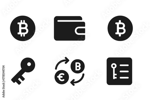 Digital Wealth Icons. Solid, filled icon set of digital wealth: cryptocurrency, digital wallet, blockchain, bitcoin coin, security key, exchange, mining rig,