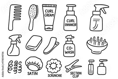 Curly Hair Essentials. Hand-drawn doodle illustration [Curly hair care tools] [wide-tooth comb, detangling brush, curl cream, diffuser, spray bottle,