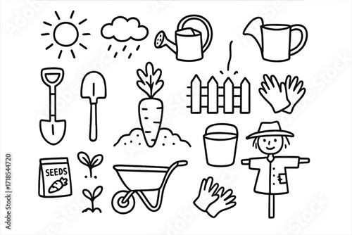 Carrot Garden Doodle. Hand-drawn doodle illustration Carrot garden [carrot, soil mound, shovel, rake, watering can, sun, cloud, raindrop, fence, bucket, seed