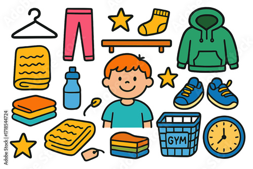 Colorful Activewear Doodle. Colorful Hand-drawn doodle Children illustration Activewear Sorting Day closet, hanger, leggings, socks, towel, hoodie, sneakers,