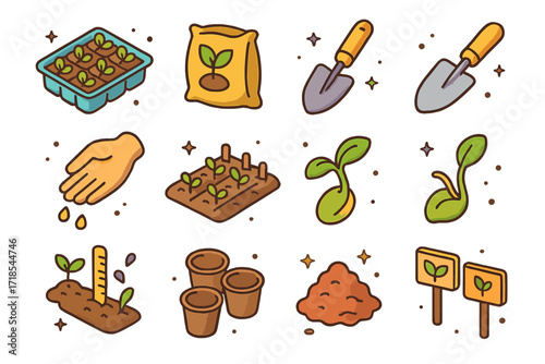 Colorful Planting Icons Set. Colorful isometric vector icons set of planting and sowing: seedling tray, soil bag, planting shovel, trowel, hand dropping seeds,
