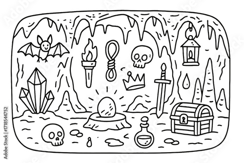 Mystical Cave Doodle. Mystical cave. Hand-drawn doodle illustration mystical cave crystal, glowing stone, torch, lantern, bat, skull, rope, crown, sword, water