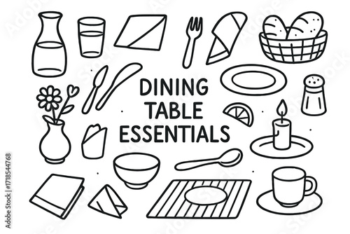 Dining Table Sketch. Hand-drawn doodle illustration [Dining table essentials] [carafe, water glass, napkin, cutlery, bread basket, dinner plate, salt shaker,