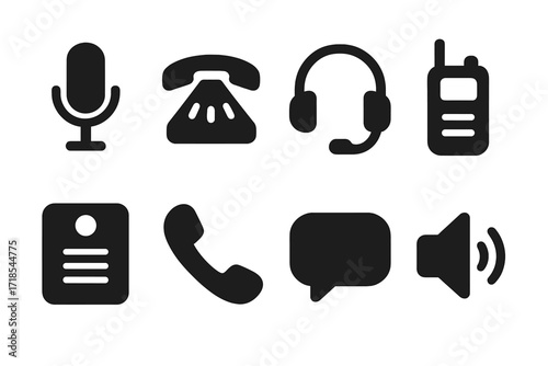 Audio Communication Icons. Solid, filled icon set of audio communication: microphone, speakerphone, headset, walkie-talkie, intercom, telephone, chat bubble,