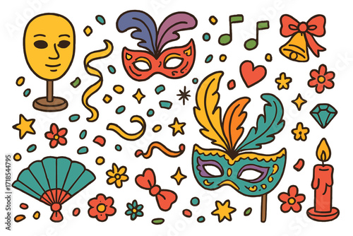 Venetian Mask Doodle. Colorful Hand-drawn doodle Children illustration Venetian masks gold mask, plume, ribbon, confetti, heart, fan, music note, jewel,