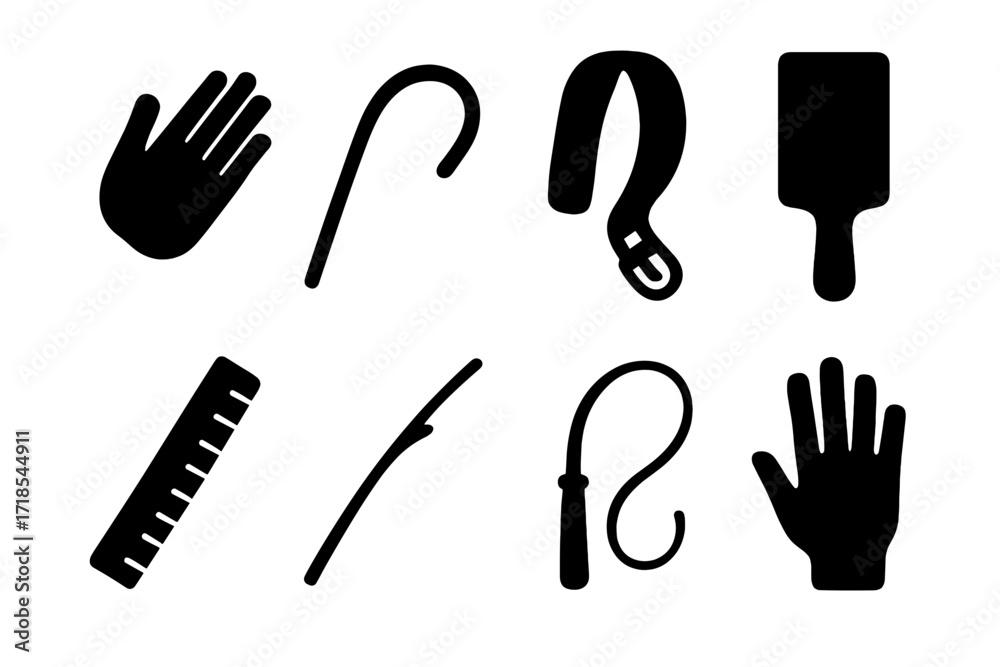 Fototapeta premium Tools Icon Set. Solid, filled icon set of corporal punishment: spanking hand, cane, belt, paddle, ruler, switch, whip, handprint. Solid, filled icons in only