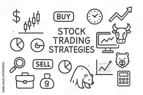 Stock Trading Doodles. Hand-drawn doodle illustration Stock Trading Strategies candlestick chart, dollar sign, buy button, sell button, trend arrow, clock, pie