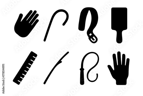 Tools Icon Set. Solid, filled icon set of corporal punishment: spanking hand, cane, belt, paddle, ruler, switch, whip, handprint. Solid, filled icons in only