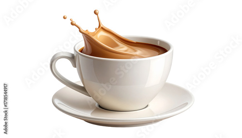 A white ceramic coffee cup, overflowing with a light brown liquid, with a splash