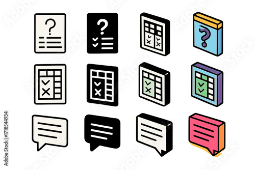 Colorful Presentation Icons. Icon Set of Presentation details: hypothesis card, result table, conclusion box. Icons set in vector style, emblematic variations.