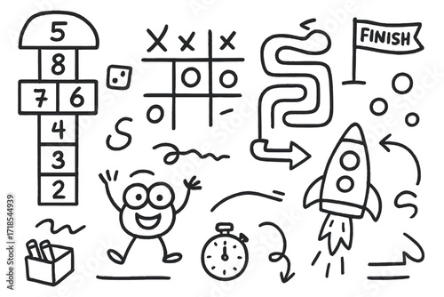 Sidewalk Chalk Games. Hand-drawn doodle illustration [chalk games on sidewalks] [hopscotch squares, number ?, tic-tac-toe board, chalk dice, maze path, start