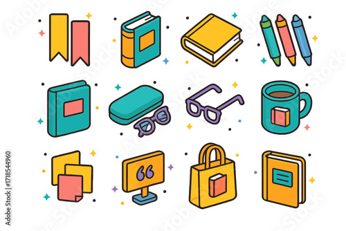 Book Lover Icons. Colorful isometric vector icons set of Book Lover Accessories: bookmarks, hardcover books, paperback books, book sleeve, glasses case,