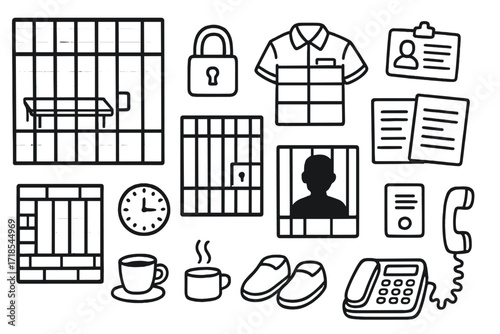 Jail Scene Doodle. Hand-drawn doodle illustration jail cell and booking area bars, bench, padlock, uniform, camera, ID card, paperwork, suspect silhouette,
