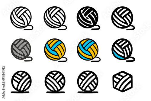 Yarn Logo Variations. Set Logo of Handicrafts: Ball of Yarn. Logo set in vector style, emblematic variations. line, bold thick line, solid black filled, solid