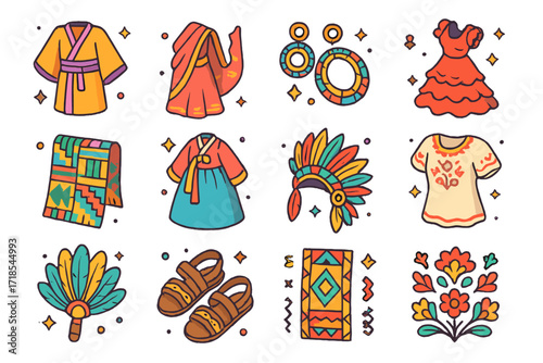 Cultural Fashion Icons. Colorful isometric vector icons set of cultural fashion elements: kimono robe, embroidered sari, Maasai beads, flamenco dress, kente