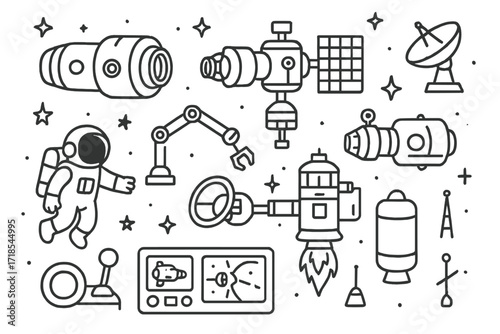 Spacecraft Docking Doodles. Hand-drawn doodle illustration spacecraft docking spacecraft, space station, docking port, robotic arm, astronaut, satellite,