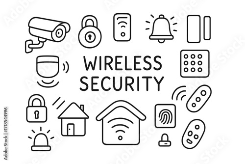 Wireless Security Doodles. Hand-drawn doodle illustration Wireless security gadgets Security camera, smart lock, alarm bell, motion sensor, smartphone, keypad,