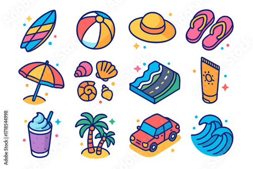 Beachside Isometric Icons. Colorful isometric vector icons set of Beachside Road Trip Vibes: surfboard, beach ball, sun hat, flip-flops, beach umbrella, shell