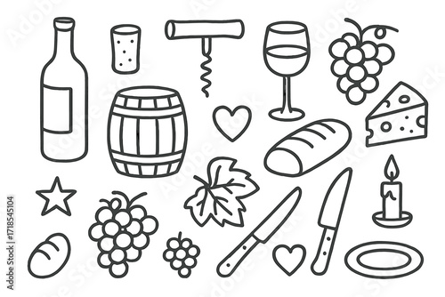 Wine Essentials Doodle. Hand-drawn doodle illustration Wine bottle cork essentials [wine bottle, cork, corkscrew, glass, grapes, cheese wedge, barrel, star,