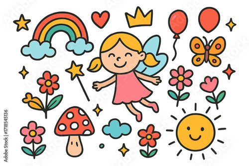 Whimsical Fantasy Doodles. Children?s fantasy. Colorful Hand-drawn doodle Children illustration fairy wings, smiling face, rainbow, balloon, star, heart,