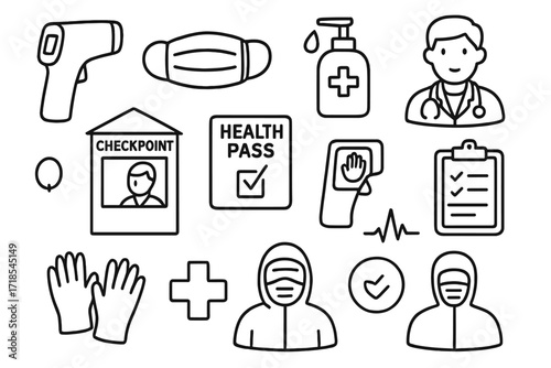 Health Checkpoint Doodles. Hand-drawn doodle illustration health checkpoint thermometer, face mask, sanitizer bottle, medical form, doctor icon, checkpoint
