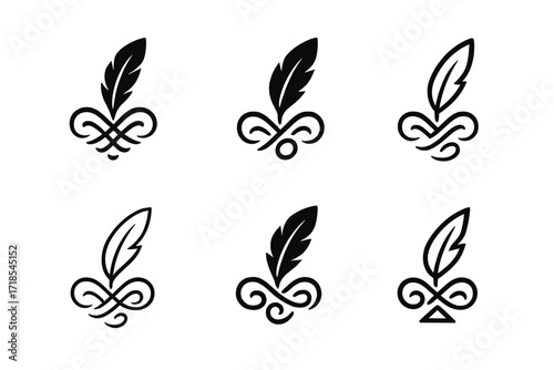 Visual Poetry Logos. Visual poetry. Set Logo of Visual poetry: feather quill with abstract lines. harmonious logo variations of the same emblematic concept,