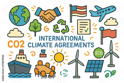 International Climate Doodle. Colorful Hand-drawn doodle Children illustration International climate agreements globe, handshake, government paper, flag,