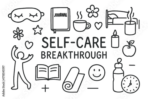 Self-Care Essentials Icons. Hand-drawn doodle illustration Self-care breakthrough sleep mask, journal, tea cup, bed, flower, star, heart, candle, water bottle,
