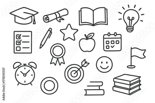 Academic Achievement Icons. Hand-drawn doodle illustration academic achievements graduation cap, diploma, book, pen, star, light bulb, checklist, award ribbon,