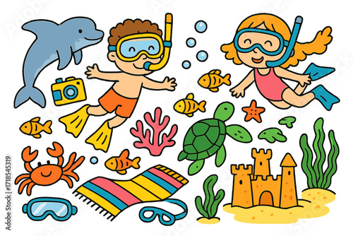 Underwater Kids Adventure. Colorful Hand-drawn doodle Children illustration Kids diving adventure snorkel mask, swim fins, underwater camera, dolphin, crab,