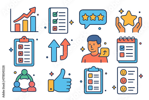 Colorful Feedback Icons Grid. Colorful isometric vector icons set of Feedback and performance review: performance chart, review form, feedback bubble, peer