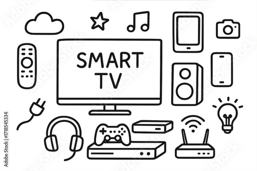 Smart Entertainment Icons. Hand-drawn doodle illustration smart entertainment system TV, remote control, speaker, soundbar, gaming console, tablet, smartphone,