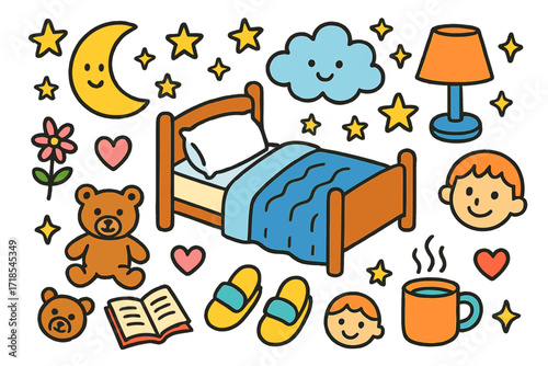Children's Bedtime Doodle. Colorful Hand-drawn doodle Children illustration Bedtime Routine blanket, pillow, bed, lamp, book, teddy bear, slippers, mug, stars,