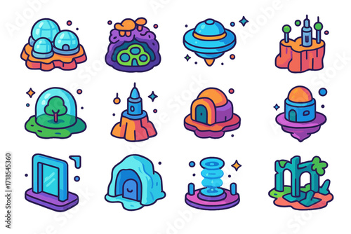 Extraterrestrial Habitat Icons. Colorful isometric vector icons set of Extraterrestrial habitats: dome colony on rocks, underground alien hive,