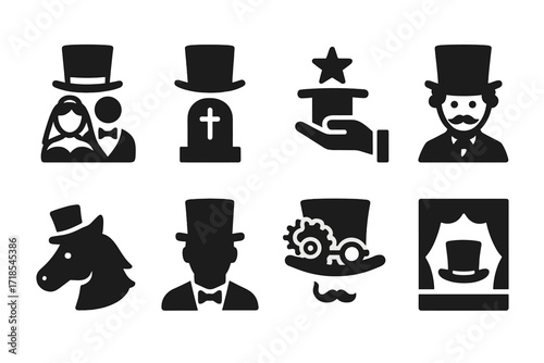 Top Hat Icon Grid. Solid, filled icon set of top hat occasions: wedding, funeral, magician show, Victorian era, horse race, formal gala, steampunk event,