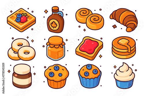 Sweet Breakfast Icons. Colorful isometric vector icons set of sweet breakfast treats: waffles with berries, maple syrup bottle, cinnamon rolls, chocolate