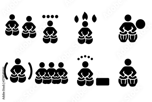 Tabla Techniques Icons. Solid, filled icon set of tabla playing techniques: tehai, kaida, rela, tukda, gat, chakradhar, paran, tuk. Solid, filled icons in only