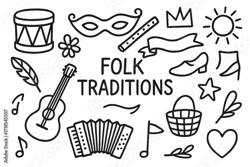 Folk Traditions Icons. Hand-drawn doodle illustration Folk traditions drum, mask, flute, accordion, guitar, feather, flower, crown, ribbon, sun, star, shoe,