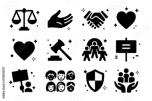 Icons of Equality. Fairness. Solid icons set of balanced scale, open hand, group of people, handshake, heart, justice hammer, inclusive circle, equality