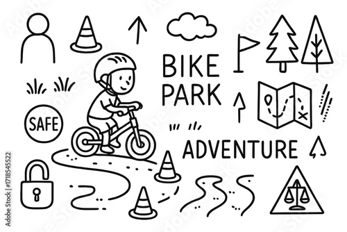 Bike Park Adventure. Hand-drawn doodle illustration Bike park adventure training bike, cones, balance icon, child helmet, parent figure, trees, flags, arrows,