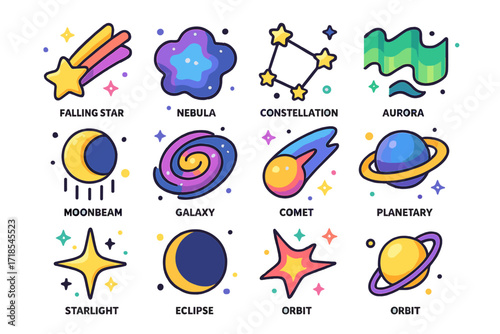 Astral Icons Collection. Colorful isometric vector icons set of astral and celestial lights: falling star, nebula glow, constellation line, aurora waves,