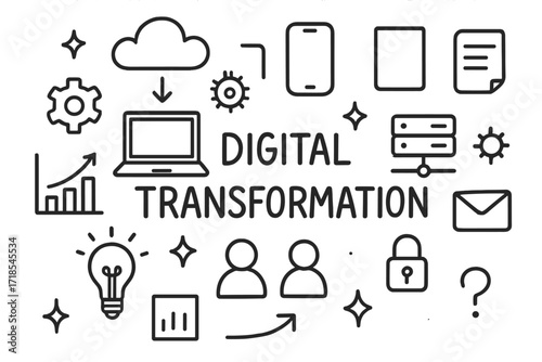 Digital Transformation Doodles. Hand-drawn doodle illustration Digital Transformation [cloud, laptop, smartphone, tablet, gear, arrow, chart, light bulb,