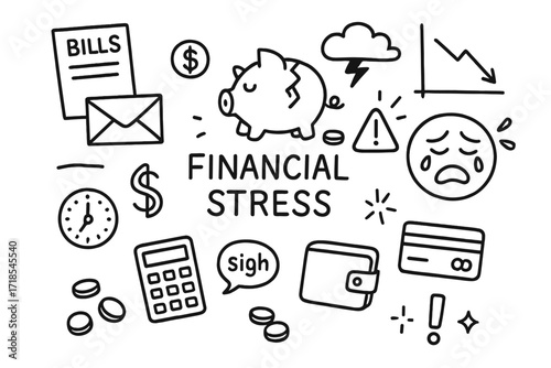 Financial Stress Doodles. Hand-drawn doodle illustration Financial stress bills, envelope, dollar sign, broken piggy bank, wallet, coins, calculator, crying