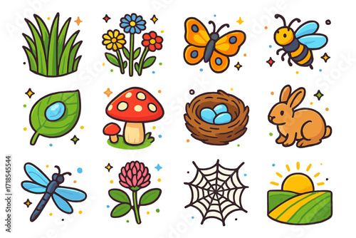 Wild Meadow Icons. Wild meadow. Colorful isometric vector icons set of wild meadow: tall grass, wildflowers, butterfly, bee, dewdrop leaf, mushroom, bird nest,