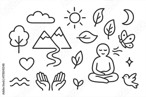 Nature Meditation Icons. Hand-drawn doodle illustration Nature meditation mountain, tree, seated figure, stream icon, leaf, breath line, cloud, sun, butterfly,
