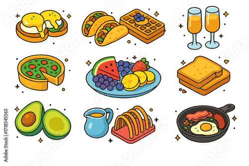 Brunch Favorites Icons. Colorful isometric vector icons set of weekend brunch favorites: eggs Benedict, breakfast tacos, Belgian waffle, mimosas, spinach
